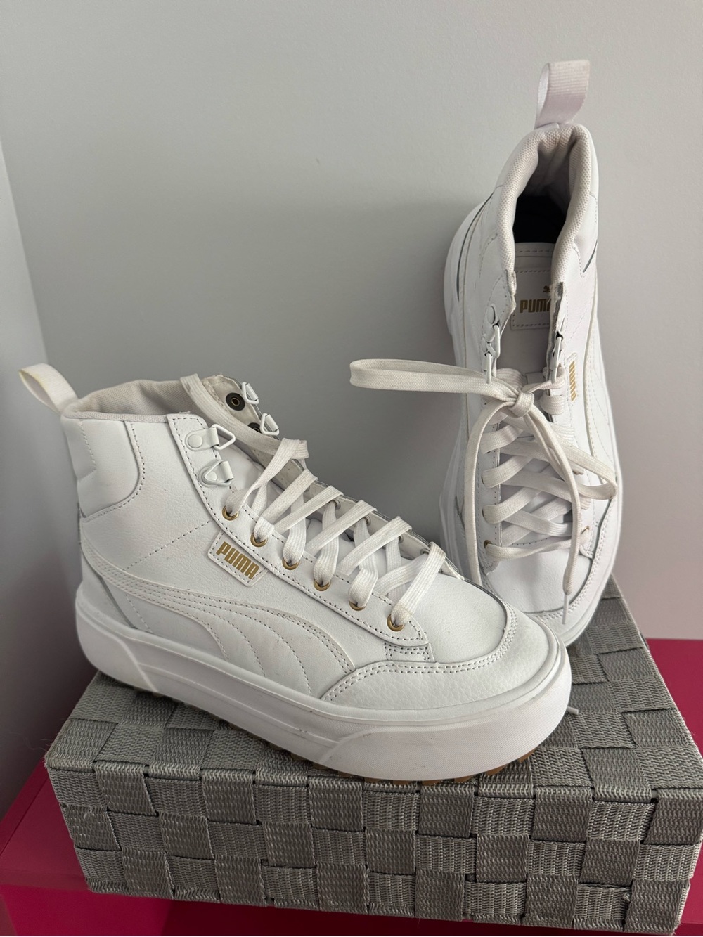 Puma White Women's High-Top Platform Sneakers with Gold Accents